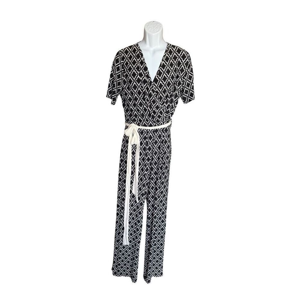 Womens Perfectly Priscilla Black & White Abstract Pattern Jumpsuit - Sz 1X